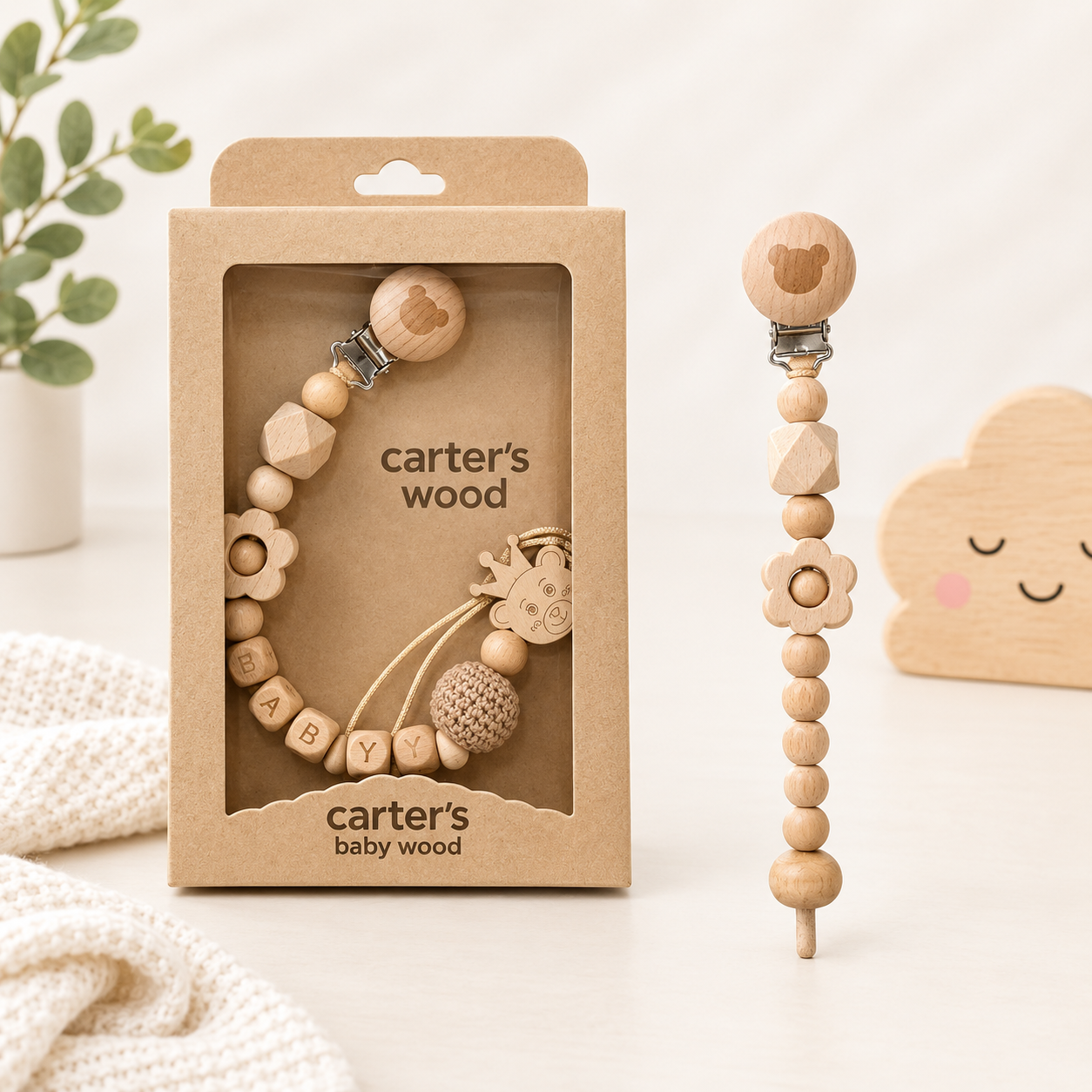 بند پستانک چوبی دست‌ساز طرح خرس carter's