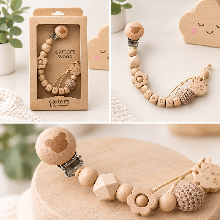بند پستانک چوبی دستساز طرح خرس carter's