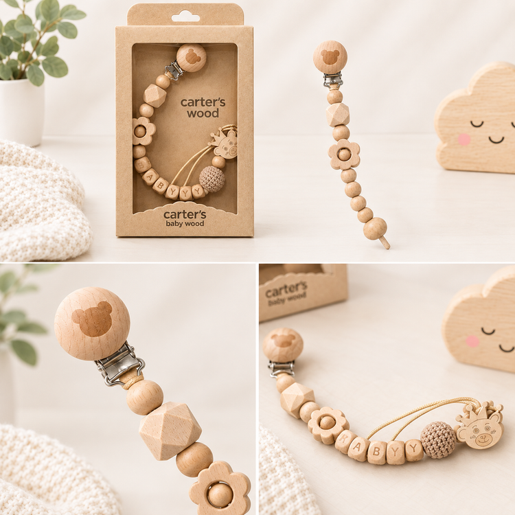بند پستانک چوبی دستساز طرح خرس carter's